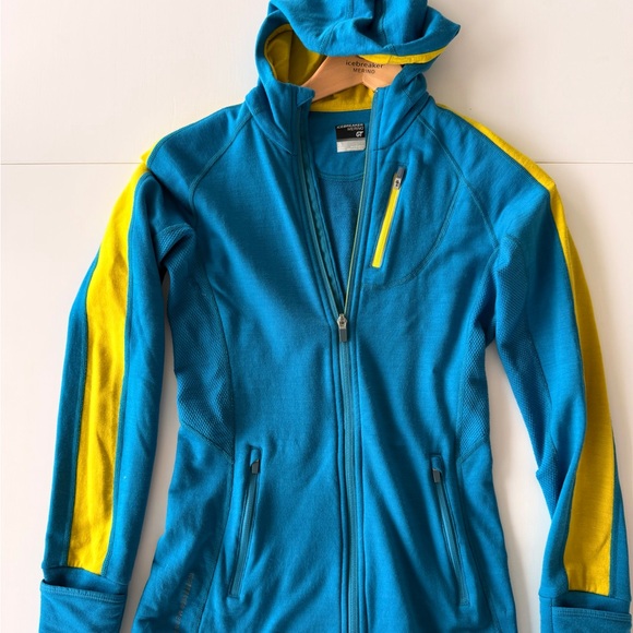 Icebreaker Tops - Icebreaker Wool Teal Blue Hooded Jacket with Yellow Stripes